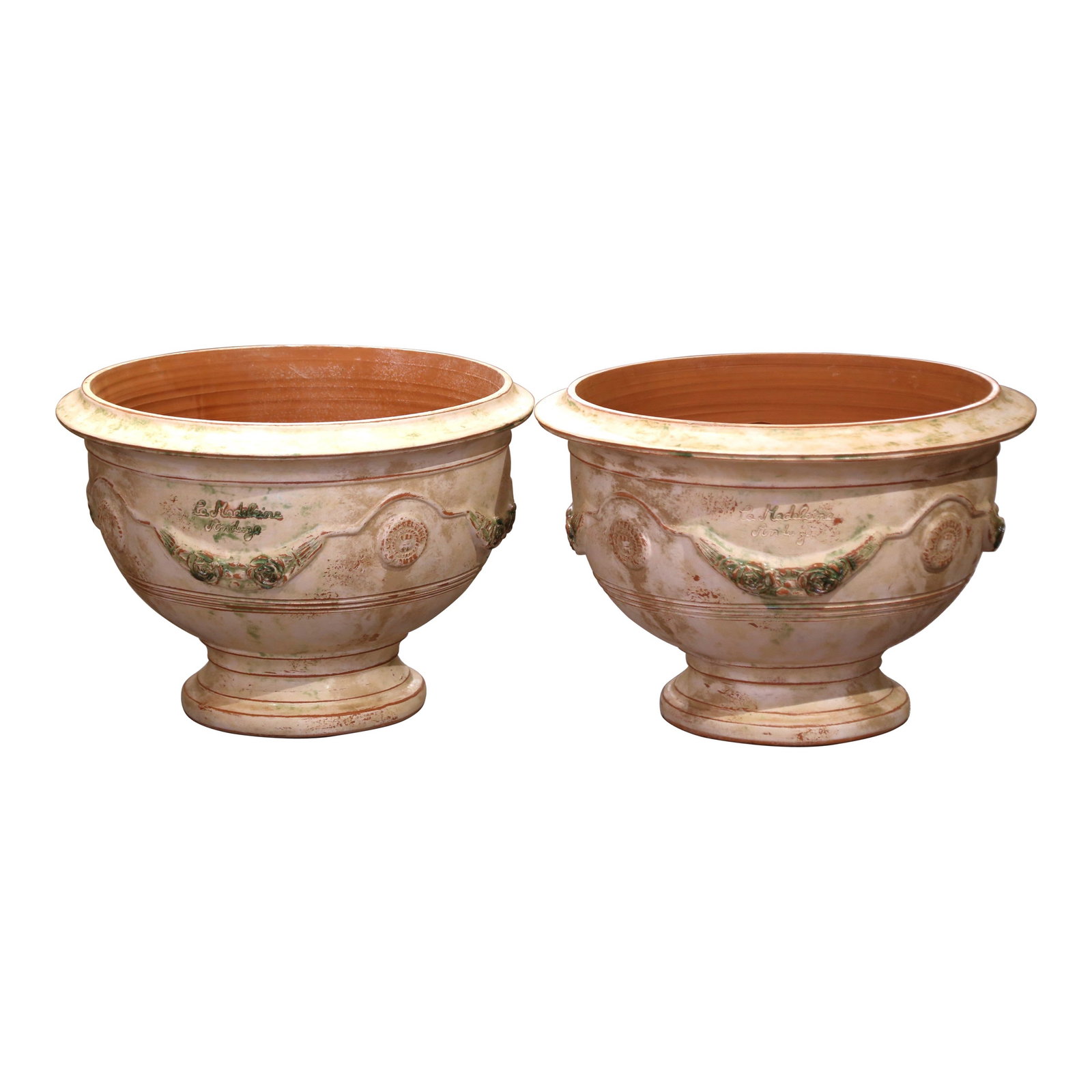 Set of 2 French Terracotta Urn Planters by La Madeleine: Set of 2 French Terracotta Urn Planters by La Madeleine Enhance your garden or interior with this stunning pair of French handmade terracotta bowl urn planters from Anduze. Each planter is thoughtfull