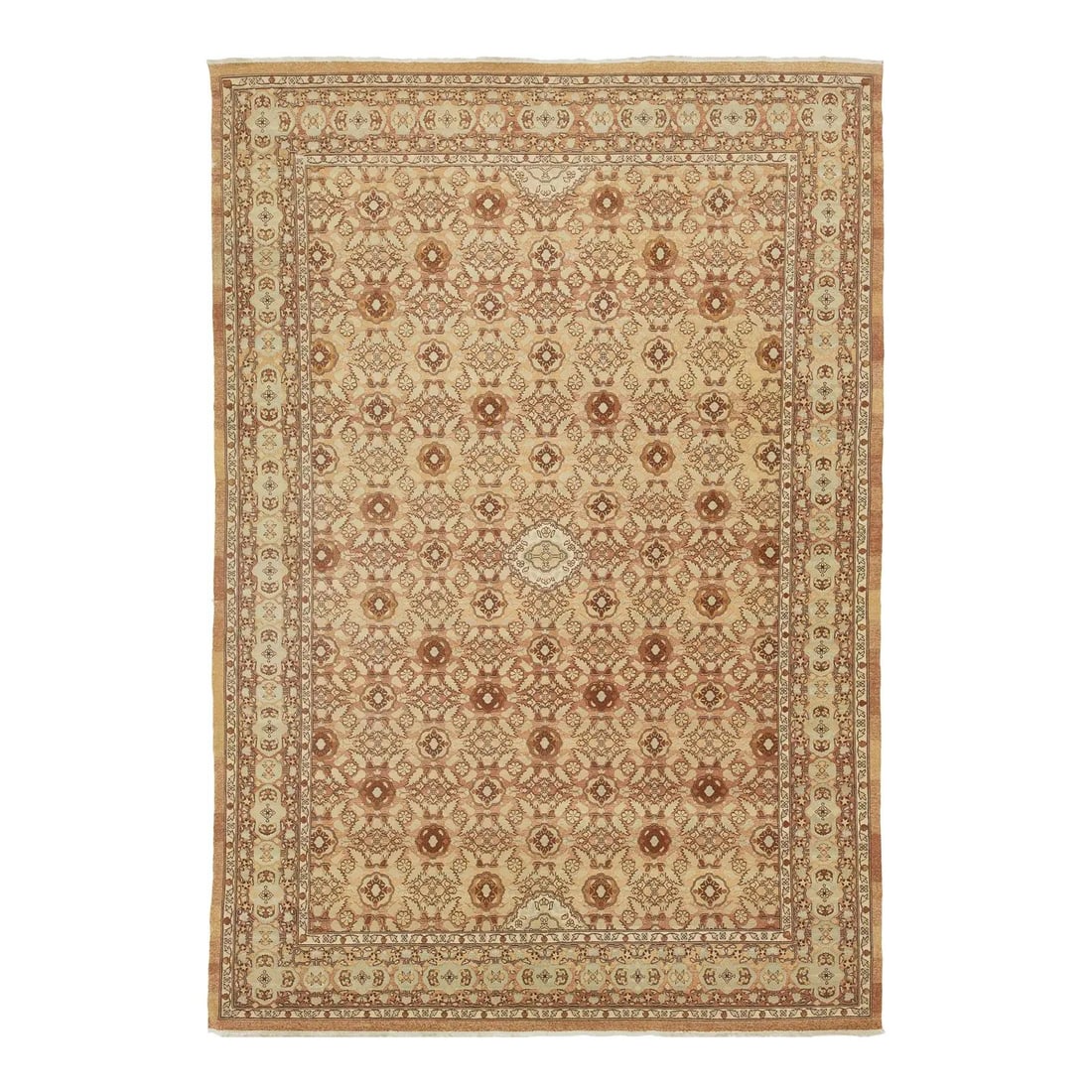Handmade Vintage Indian Agra Wool Rug 9'10 x 14'3 Brown: Handmade Vintage Indian Agra Wool Rug 9'10 x 14'3 Brown This vintage Indian Agra designed wool rug is a stunning addition to any space, showcasing a symmetrical central medallion surrounded by intrica