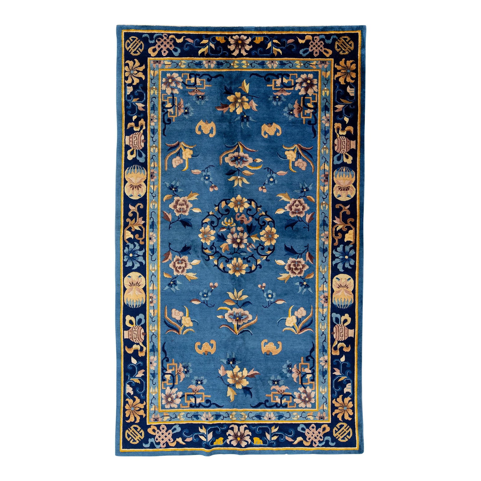 1960s Handmade Antique Peking Chinese Wool Rug Blue Floral Design 4'11 x 8'5: 1960s Handmade Antique Peking Chinese Wool Rug Blue Floral Design 4'11 x 8'5 Enhance your home decor with this exquisite handmade Chinese rug from the 1960s. Featuring a captivating blue field adorned