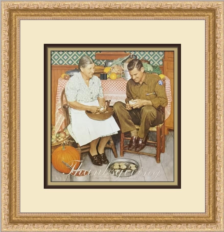 Norman Rockwell Thanksgiving Mother Son Peeling Potatoes Framed Print 14x14: Norman Rockwell Thanksgiving Mother Son Peeling Potatoes Framed Print 14x14 Celebrate the warmth of Thanksgiving with this charming print by Norman Rockwell, titled "Thanksgiving Mother and Son Peelin