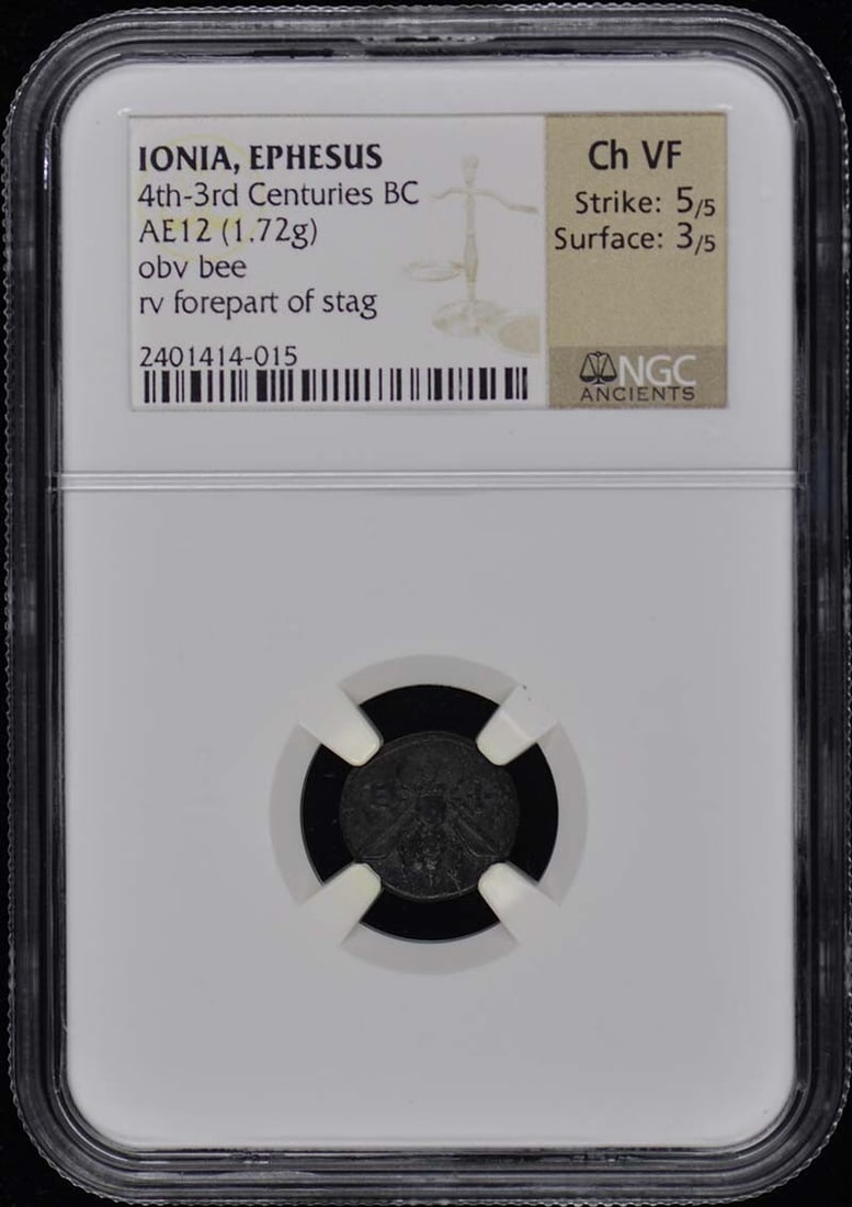 Ancient Greek AE12 Coin Ionia Ephesus NGC Certified VF30: Ancient Greek AE12 Coin Ionia Ephesus NGC Certified VF30 This ancient Greek coin hails from Ionia, specifically Ephesus, dating back to the 4th-3rd centuries BC. It is certified by NGC with a grade of