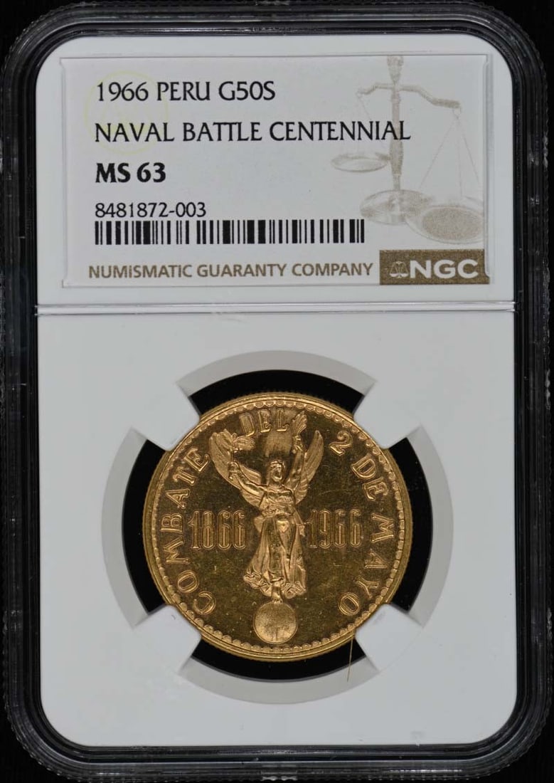1966 Peru Naval Battle Centennial G50S NGC MS63 Coin: 1966 Peru Naval Battle Centennial G50S NGC MS63 Coin This 1966 Peru Naval Battle Centennial coin is a distinguished collectible graded MS63 by NGC, ensuring its quality and authenticity. It remains un
