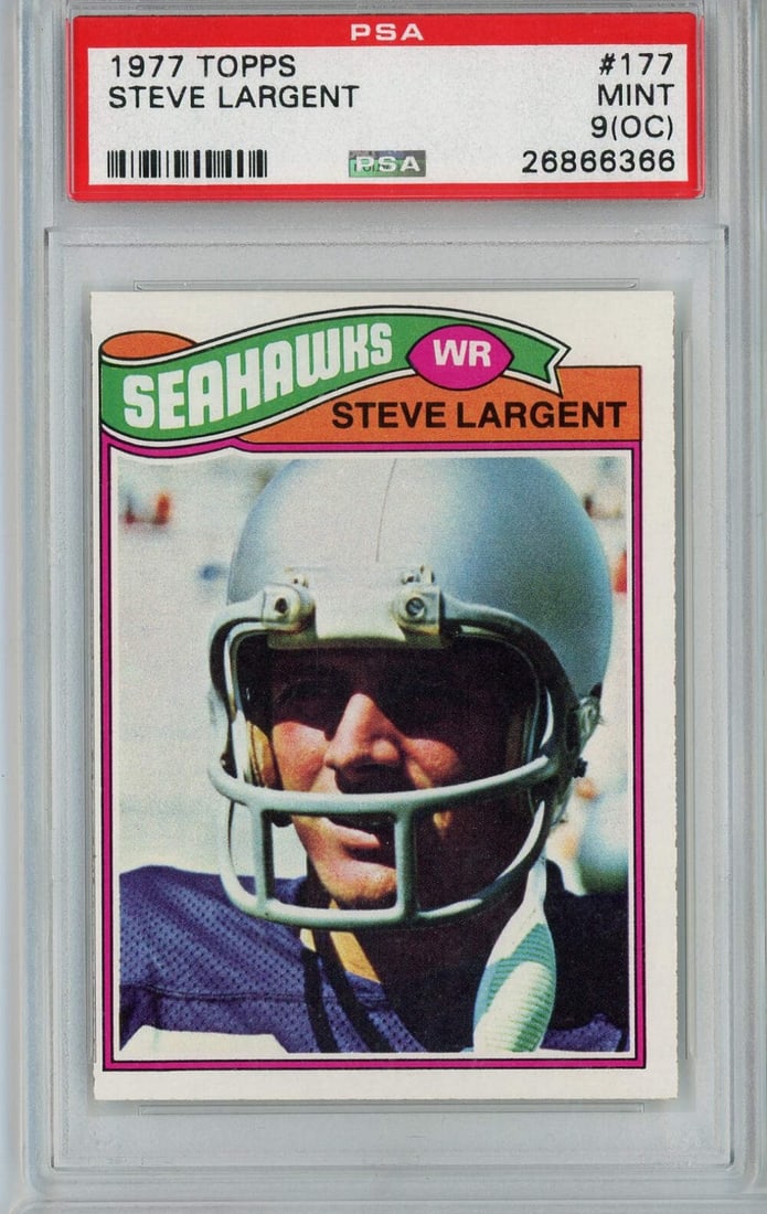 Graded 1977 Topps Steve Largent Rookie Card PSA 9 Seattle Seahawks: Graded 1977 Topps Steve Largent Rookie Card PSA 9 Seattle Seahawks This is a graded 1977 Topps Steve Largent #177 Rookie RC Football Card, awarded a PSA 9 Mint rating. The card features the legendary