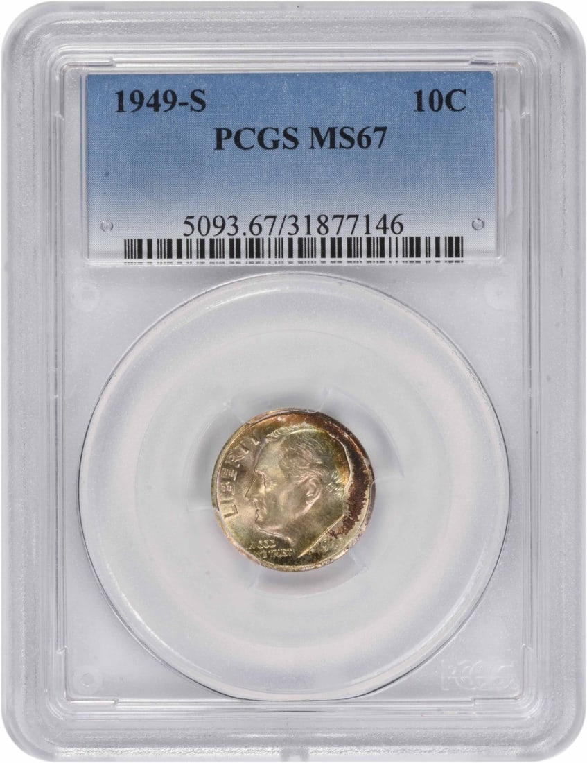 PCGS MS67 1949 San Francisco Roosevelt Silver Dime with Toning: PCGS MS67 1949 San Francisco Roosevelt Silver Dime with Toning This 1949-S Roosevelt Silver Dime is graded MS67 by PCGS and features attractive toning. Struck at the San Francisco Mint, this uncircula
