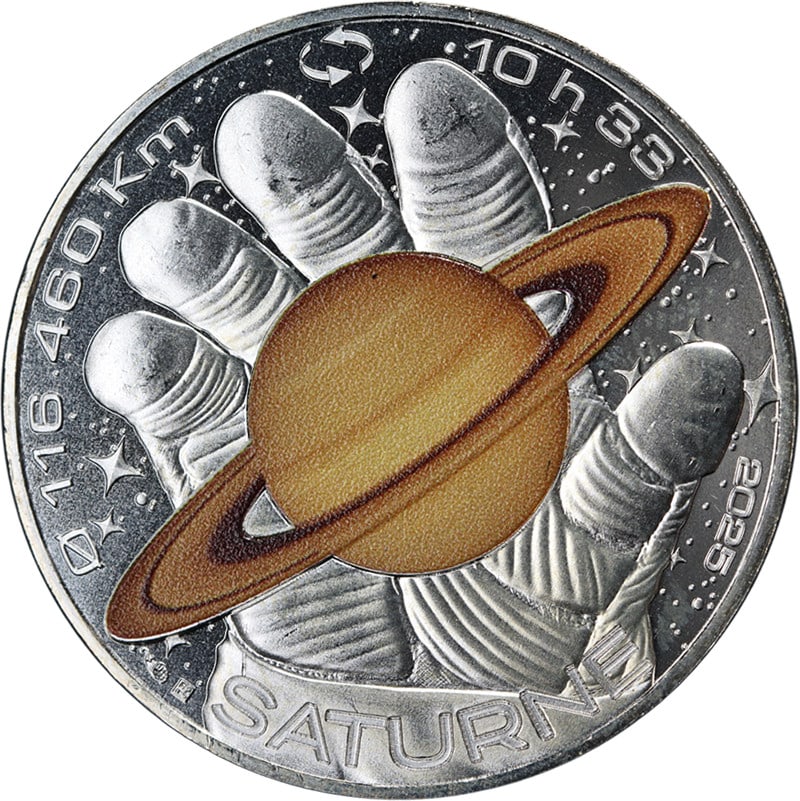 13g 2025 Silver 10 Euro France Space Odyssey Saturn Colorized Coin with OGP: 13g 2025 Silver 10 Euro France Space Odyssey Saturn Colorized Coin with OGP This 2025 France 10 Euro coin features a Space Odyssey Saturn design and is colorized. Struck in 13 grams of 0.999 fine silv