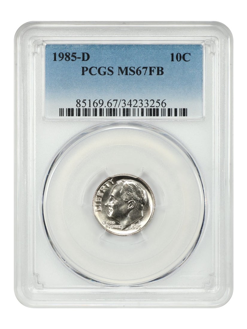 PCGS MS67FB 1985 Denver Roosevelt Dime 10C Uncirculated Coin: PCGS MS67FB 1985 Denver Roosevelt Dime 10C Uncirculated Coin This 1985-D Roosevelt Dime is graded MS67FB by PCGS. It is an uncirculated coin struck at the Denver Mint and features the Full Bands (FB)