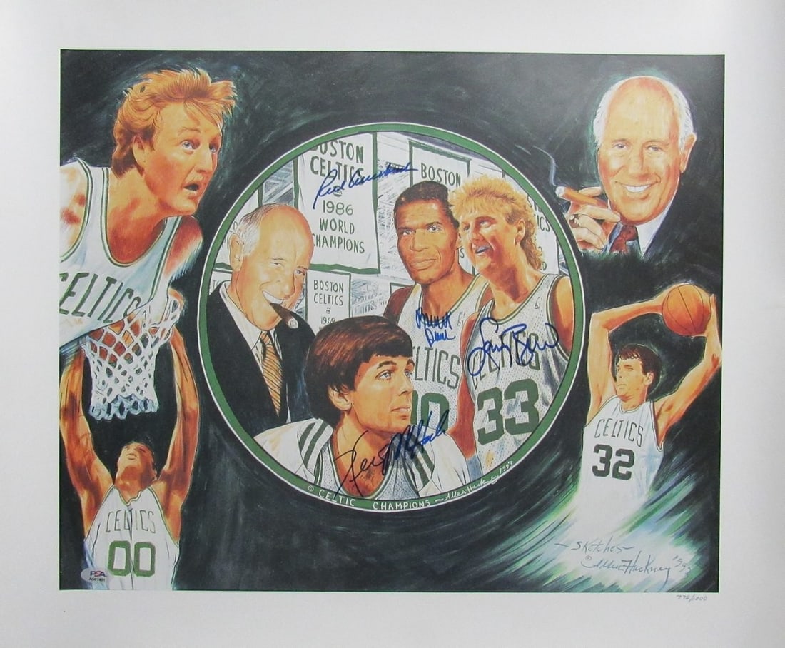 Celtics Multi-Signed Lithograph by Bird McHale Parish Auerbach 24x20 PSA/DNA: Celtics Multi-Signed Lithograph by Bird McHale Parish Auerbach 24x20 PSA/DNA This authentic 24x20 lithograph poster features the signatures of legendary Boston Celtics players Larry Bird, Kevin McHale