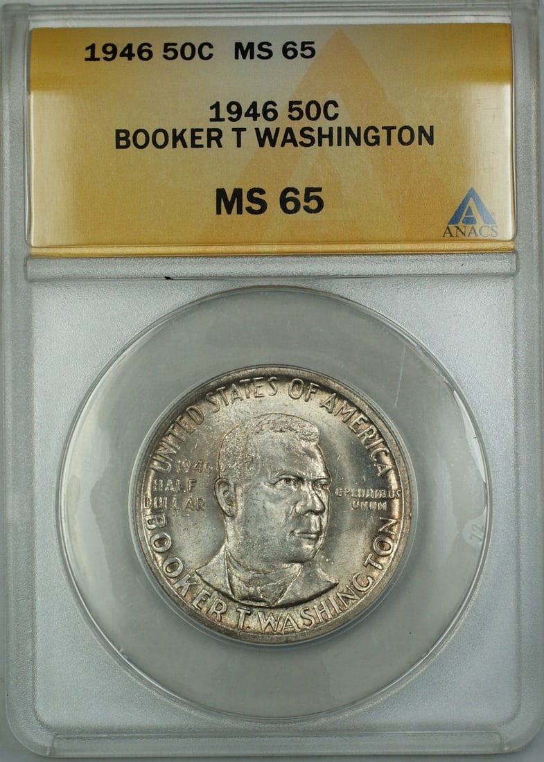 Booker T Washington 1946 Silver 50 Cent Commemorative Coin ANACS MS-65: Booker T Washington 1946 Silver 50 Cent Commemorative Coin ANACS MS-65 This 1946 Booker T. Washington commemorative 50 cent coin is composed of silver and was minted in Philadelphia. It has been certi