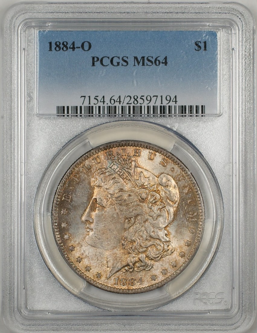 PCGS MS64 1884 New Orleans Morgan Silver Dollar with Toning: PCGS MS64 1884 New Orleans Morgan Silver Dollar with Toning This 1884-O Morgan Silver Dollar is graded MS-64 by PCGS and features attractive toning. Minted in New Orleans, this uncirculated coin is co