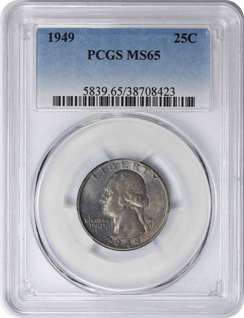 MS65 PCGS 1949 Silver Washington Quarter from Philadelphia Mint: MS65 PCGS 1949 Silver Washington Quarter from Philadelphia Mint This 1949 Washington Quarter was minted in Philadelphia and is composed of 90% silver and 10% copper. Certified by PCGS with a grade of