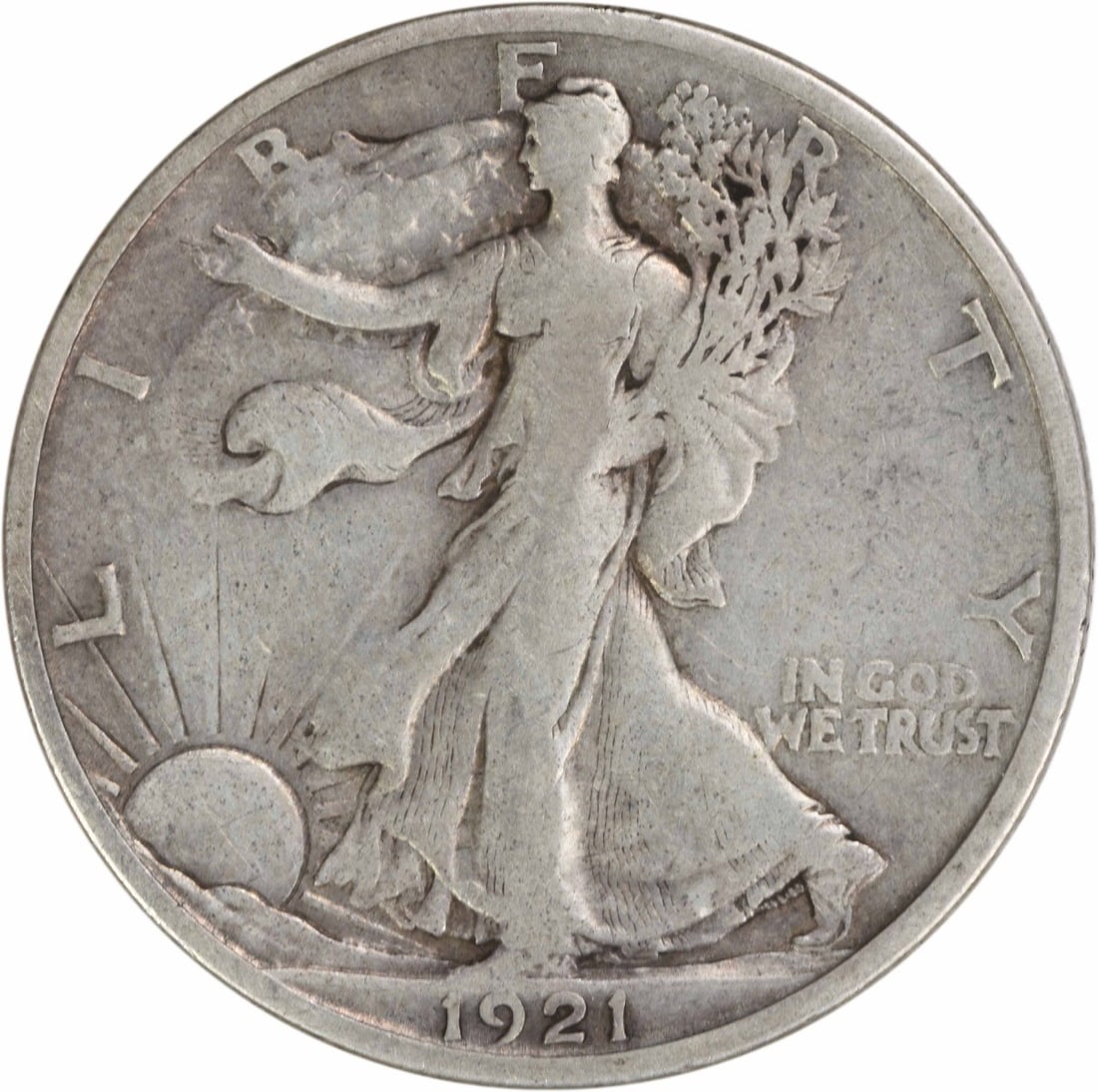 1921-S Walking Liberty Half Dollar 50C VF Uncertified Silver Coin: 1921-S Walking Liberty Half Dollar 50C VF Uncertified Silver Coin This 1921-S Walking Liberty Silver Half Dollar is a beautiful representation of American coinage, featuring the iconic Liberty design