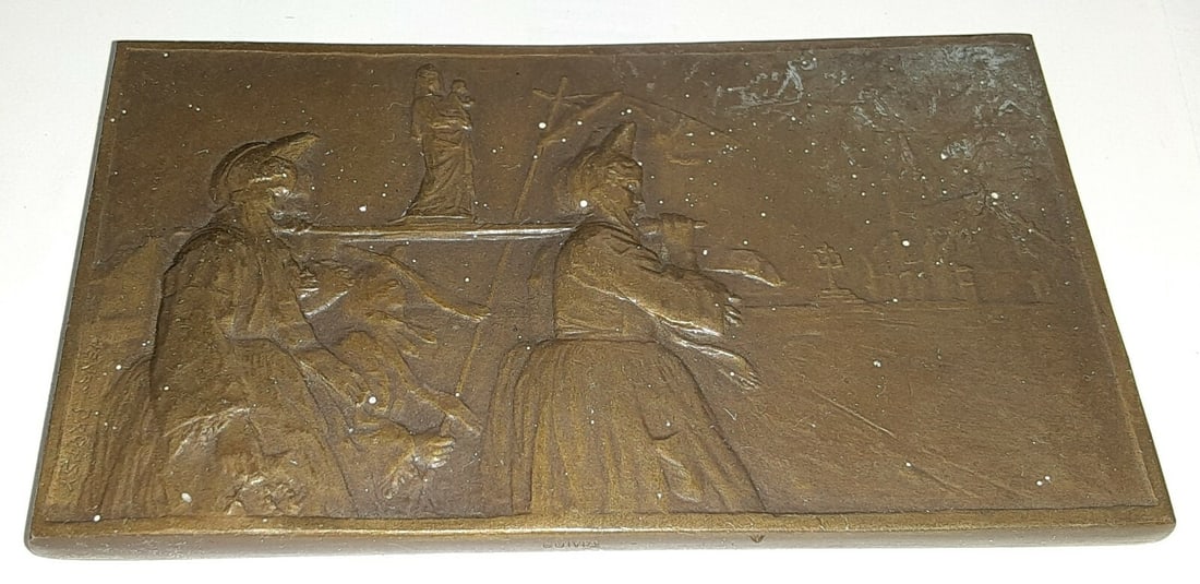 French Bronze Medal Religious Procession Design by Henri Dropsy: French Bronze Medal Religious Procession Design by Henri Dropsy This vintage French bronze medal, titled 'Religious Procession' by Henri Dropsy, is a rectangular plaquette measuring approximately 1 3/