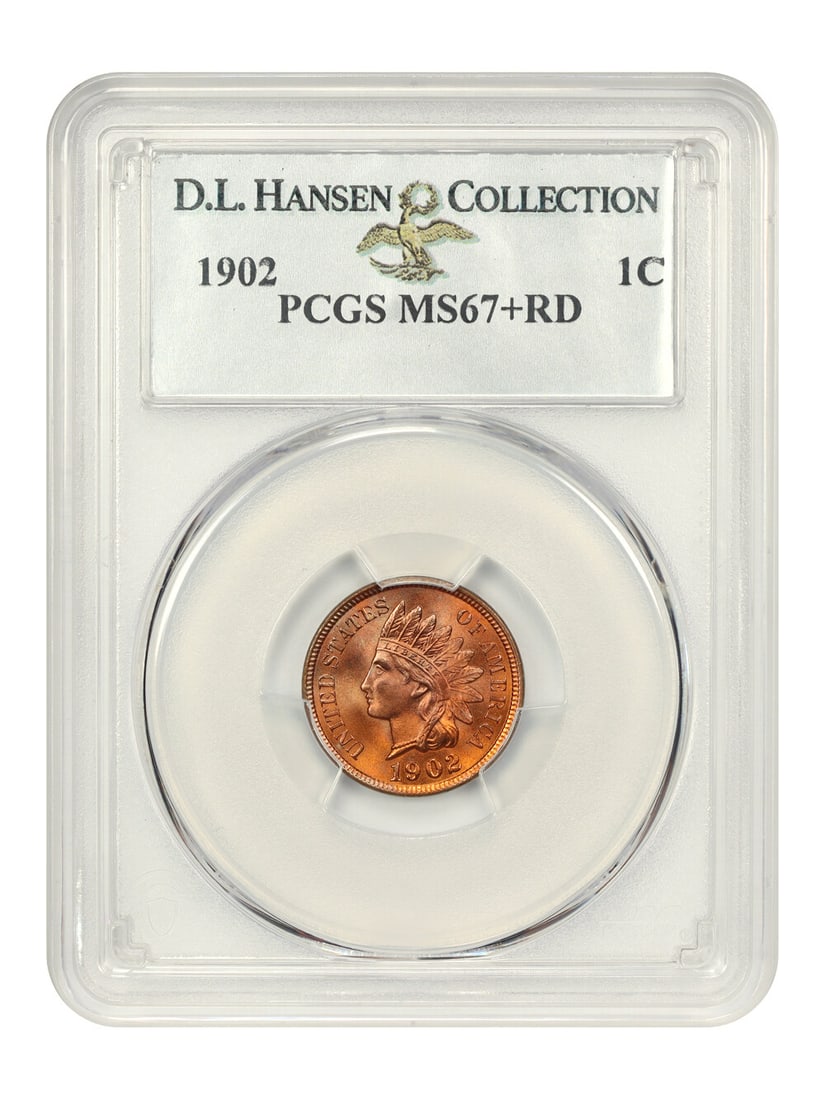1902 Indian Cent PCGS MS67+ RD D.L. Hansen Certified Coin: 1902 Indian Cent PCGS MS67+ RD D.L. Hansen Certified Coin This stunning 1902 Indian Cent is graded MS67+ RD by PCGS, making it one of the finest known examples of its kind. The coin features rich cher