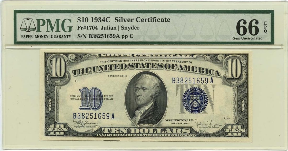 1934C $10 Silver Certificate Julian Snyder PMG GEM 66 EPQ: 1934C $10 Silver Certificate Julian Snyder PMG GEM 66 EPQ This 1934C $10 Silver Certificate, designated as Fr# 1704, is in exceptional condition, graded PMG GEM 66 EPQ. The certificate exemplifies unc