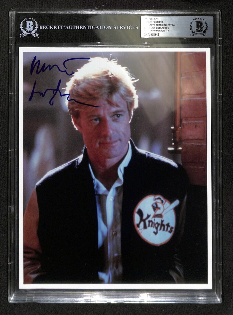 8x10 Photo Signed by Robert Redford as Roy Hobbs Beckett Grade 10: 8x10 Photo Signed by Robert Redford as Roy Hobbs Beckett Grade 10 This 8x10 color photograph features Robert Redford as Roy Hobbs in the film "The Natural," signed in blue permanent marker. The autogr