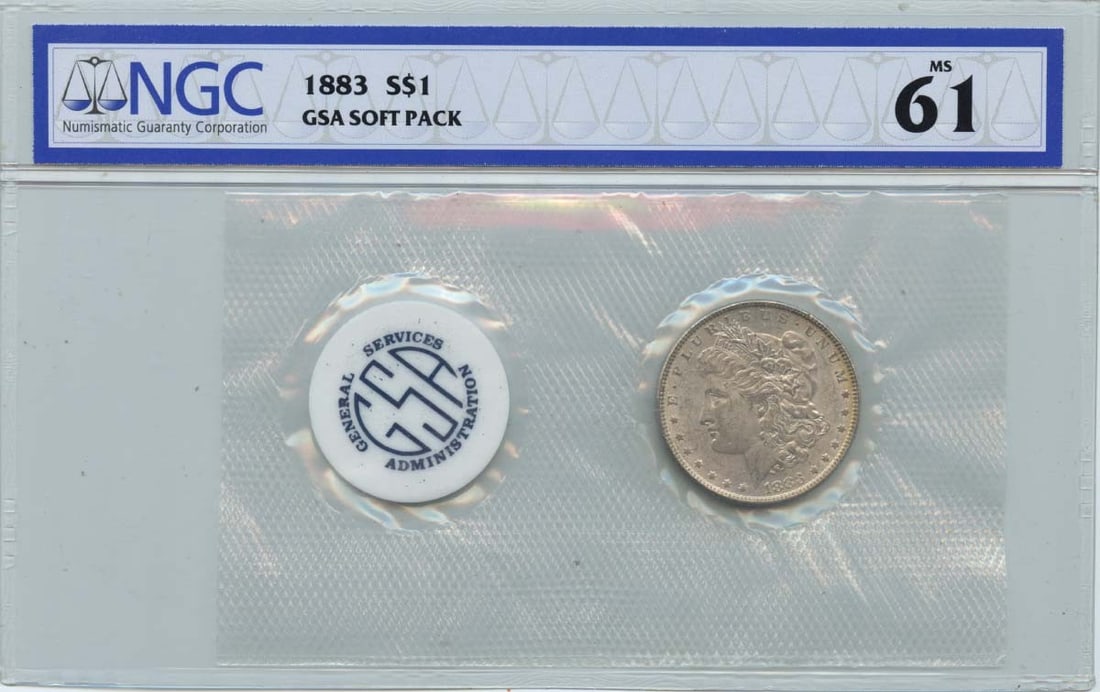 NGC MS61 1883 Morgan Silver Dollar GSA Soft Pack: NGC MS61 1883 Morgan Silver Dollar GSA Soft Pack This is an 1883 Morgan Dollar presented in a GSA soft pack and certified by NGC with a grade of MS61. The coin is uncirculated and originates from the