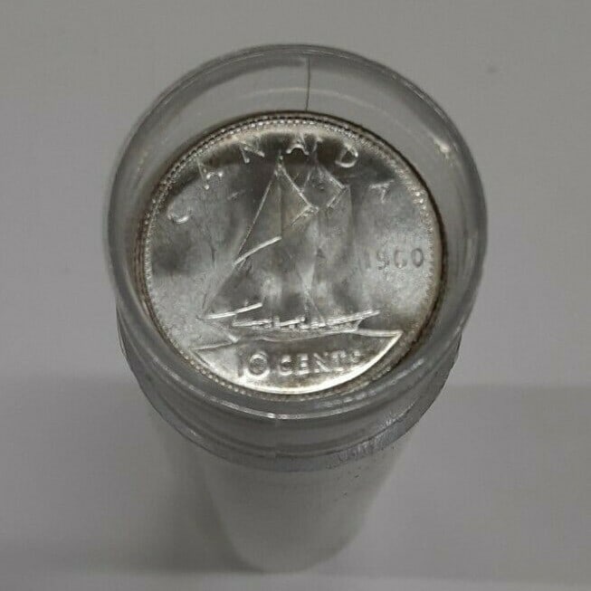 Roll of 50 Uncirculated 1960 Canadian 80 Percent Silver Dimes: Roll of 50 Uncirculated 1960 Canadian 80 Percent Silver Dimes This is a roll of 50 uncirculated 1960 Canadian 10 cent coins, each composed of 80% silver. The coins are housed in a tube and may display