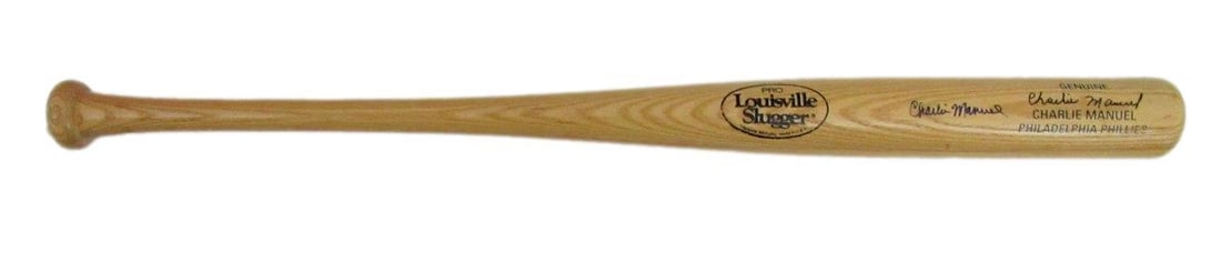 Charlie Manuel Signed 30 inch Louisville Slugger Bat Phillies JSA: Charlie Manuel Signed 30 inch Louisville Slugger Bat Phillies JSA This is an original Charlie Manuel autographed Louisville Slugger baseball bat measuring 30 inches. It is a collectible item represent