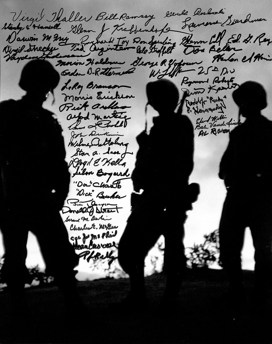 11x14 Photo with 46 Korean War Veterans Signatures PSA DNA Certified: 11x14 Photo with 46 Korean War Veterans Signatures PSA DNA Certified This rare 11x14 black and white photograph is signed by 46 Korean War Veterans in black permanent marker. Notable signatures includ