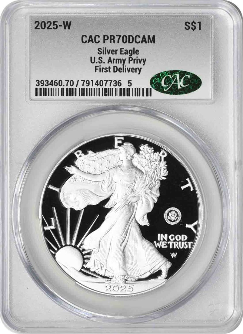 2025-W $1 American Silver Eagle U.S. Army Privy PR70DCAM CACG: 2025-W $1 American Silver Eagle U.S. Army Privy PR70DCAM CACG Commemorate the 250th Anniversary of the U.S. Army with this stunning 2025-W $1 American Silver Eagle coin featuring the Army privy mark.