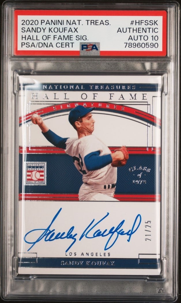 Sandy Koufax 2020 National Treasure Auto PSA 10 Hall of Fame Card #HFSSK: Sandy Koufax 2020 National Treasure Auto PSA 10 Hall of Fame Card #HFSSK This is a 2020 National Treasure Hall of Fame Signature baseball card featuring the legendary Sandy Koufax. Graded by Professio
