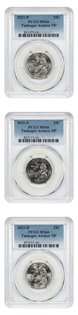 2021-P D S 25C Tuskegee Airmen Set 3 Coins PCGS MS66 Type 1: 2021-P D S 25C Tuskegee Airmen Set 3 Coins PCGS MS66 Type 1 This 2021-P, D, S, 25C Tuskegee Airmen Set features three uncirculated coins, all graded MS66 by PCGS. Each coin is part of the Washington A