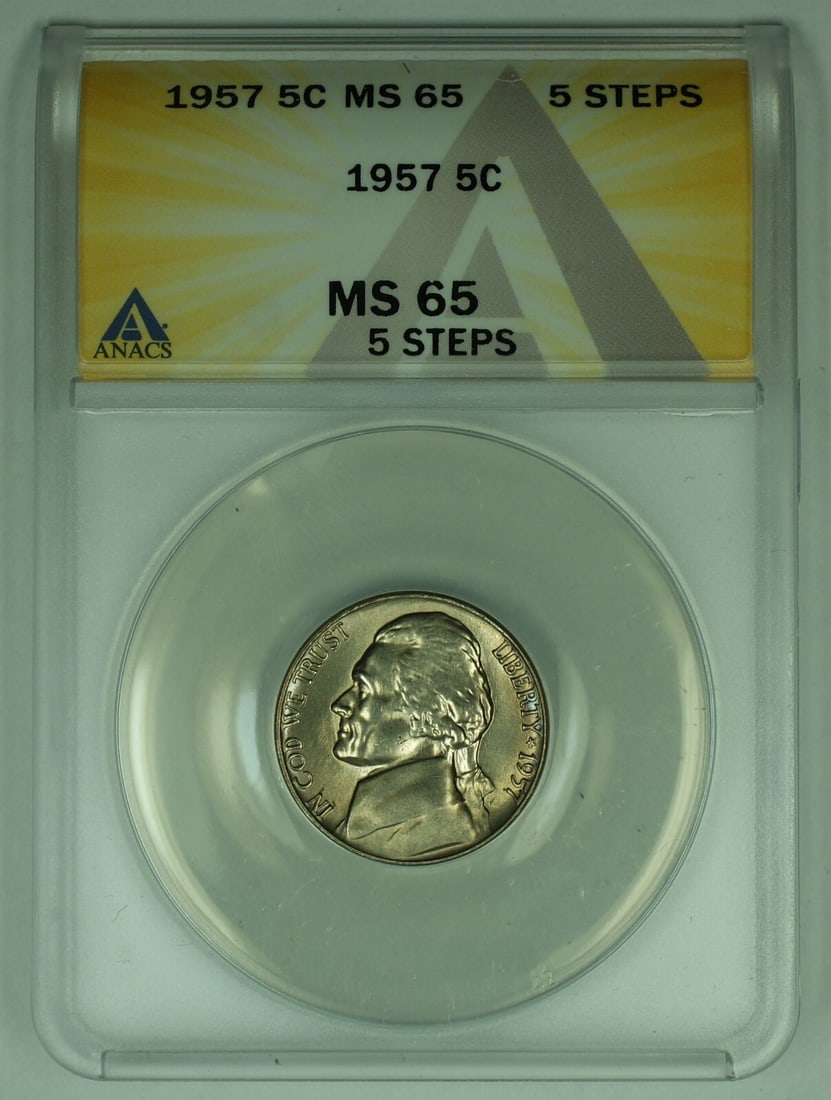 ANACS MS 65 Certified 1957 Jefferson 5C Nickel Five Steps: ANACS MS 65 Certified 1957 Jefferson 5C Nickel Five Steps This is a 1957 Jefferson Nickel with a denomination of 5 cents from the United States, graded MS 65 by ANACS. The coin is uncirculated and fea