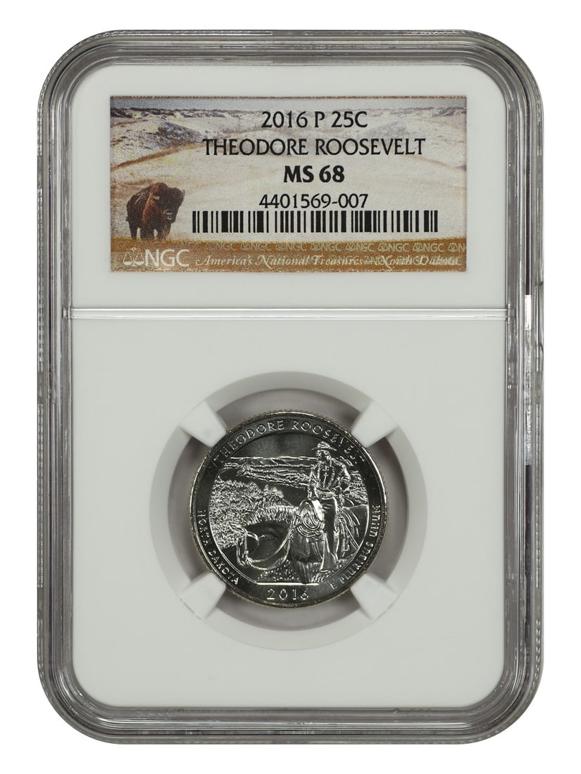 2016-P 25C Theodore Roosevelt NP NGC MS68 Clad Coin: 2016-P 25C Theodore Roosevelt NP NGC MS68 Clad Coin This 2016-P 25C Theodore Roosevelt National Park quarter is graded NGC MS68, showcasing an exceptional uncirculated condition. Minted in Philadelphi