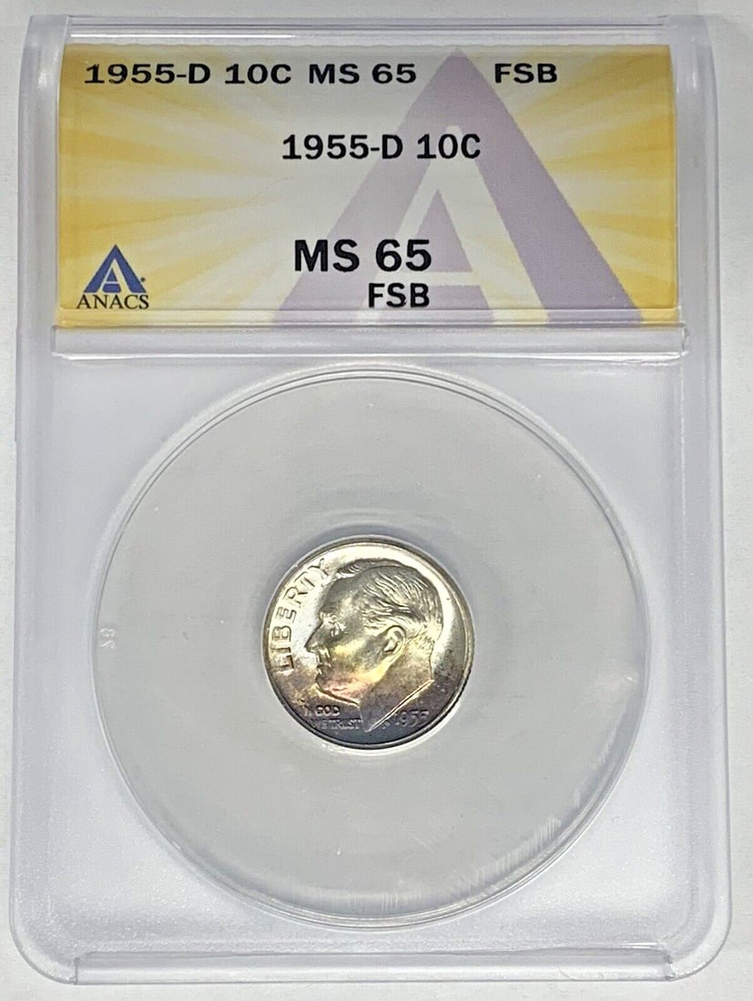 ANACS MS 65 FB 1955-D Silver Roosevelt Dime with Attractive Toning: ANACS MS 65 FB 1955-D Silver Roosevelt Dime with Attractive Toning This 1955-D Roosevelt Dime is an uncirculated 10-cent coin from the United States, featuring attractive toning. It is composed of sil