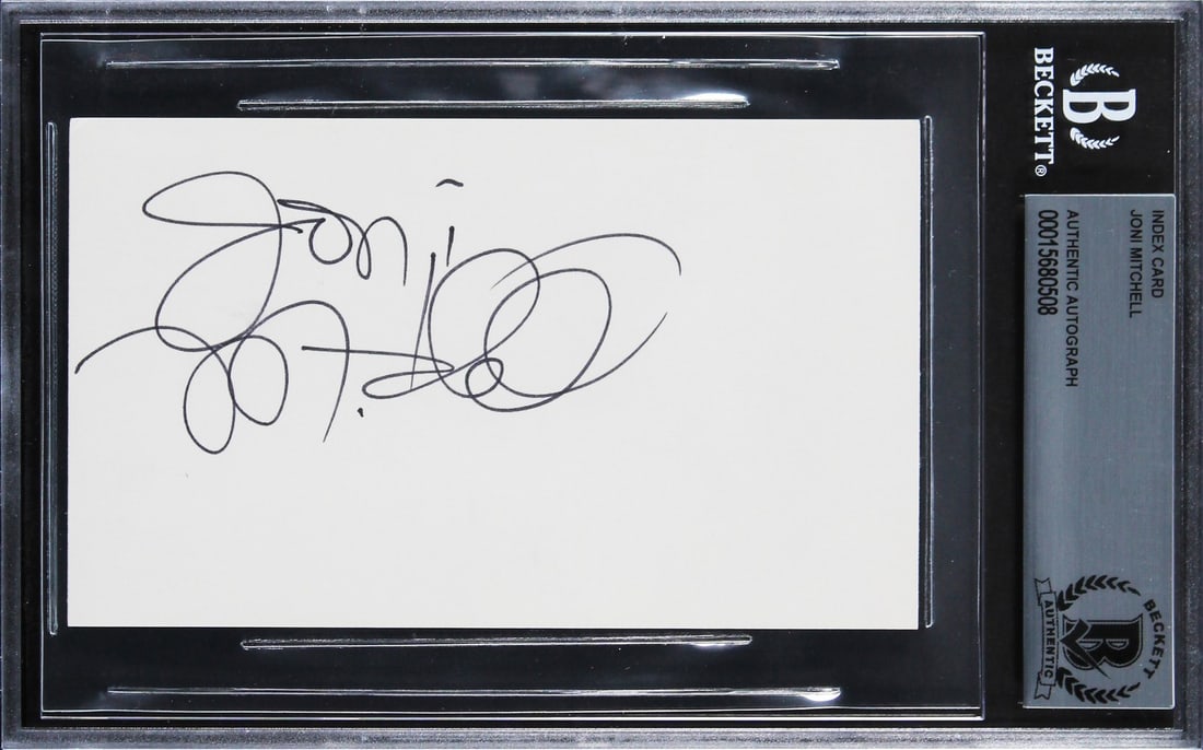 Joni Mitchell Signed 3x5 Index Card Beckett Authenticated: Joni Mitchell Signed 3x5 Index Card Beckett Authenticated This authentic 3x5 index card features the signature of renowned artist Joni Mitchell. The card has been personally signed and is accompanied