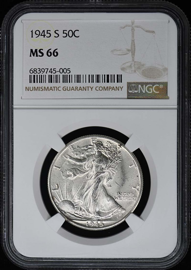 1945-S NGC MS66 Walking Liberty Half Dollar Uncirculated: 1945-S NGC MS66 Walking Liberty Half Dollar Uncirculated This 1945-S Walking Liberty Half Dollar is certified by NGC with a grade of MS66, indicating its excellent condition as uncirculated. Minted in
