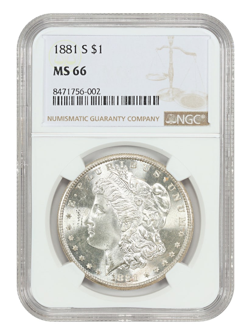 NGC MS66 1881 San Francisco Morgan Silver Dollar: NGC MS66 1881 San Francisco Morgan Silver Dollar This is an 1881-S Morgan Dollar graded MS66 by NGC. Struck at the San Francisco Mint, this uncirculated $1 coin is recognized for its exceptional quali