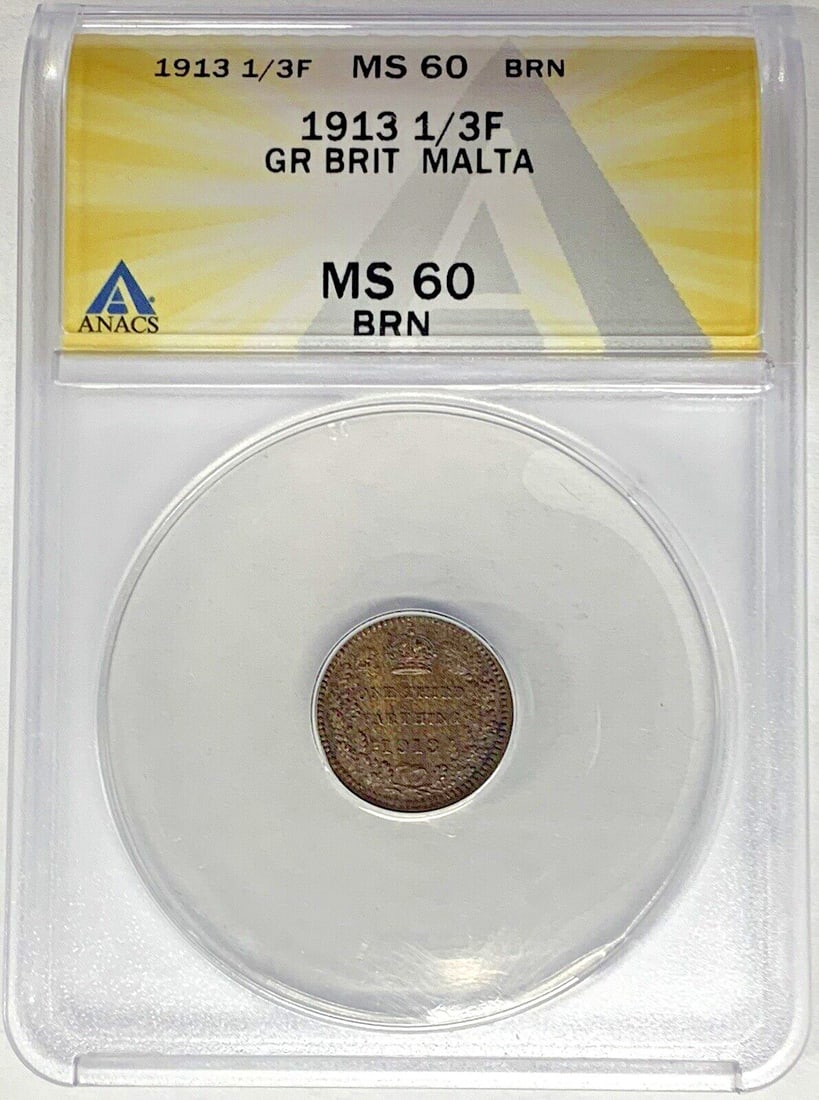 1913 United Kingdom 1/3 Farthing ANACS MS 60 Brown Certified Coin: 1913 United Kingdom 1/3 Farthing ANACS MS 60 Brown Certified Coin This is a 1913 Great Britain 1/3 Farthing coin, certified by ANACS with a grade of MS 60 BN. The coin originates from the United Kingd