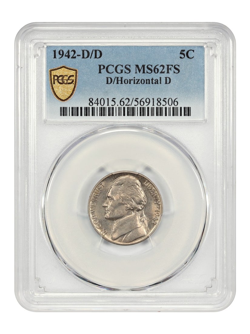 PCGS MS62FS 1942 Denver Over Horizontal D Jefferson Nickel Scarce OMM: PCGS MS62FS 1942 Denver Over Horizontal D Jefferson Nickel Scarce OMM This is a 1942 Jefferson Nickel featuring the scarce D over horizontal D mintmark variety, graded MS62FS by PCGS. The coin display