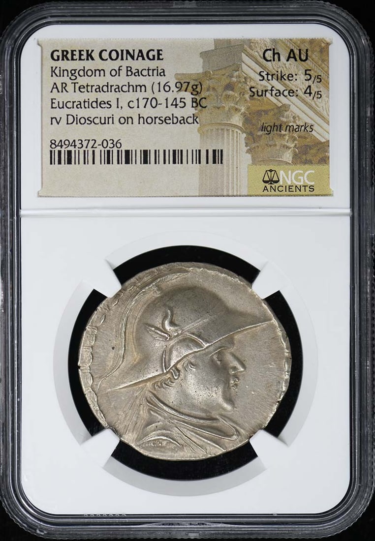 Bactria Silver Tetradrachm Ancient Greek Coin NGC Ch AU Certified: Bactria Silver Tetradrachm Ancient Greek Coin NGC Ch AU Certified This is a Kingdom of Bactria AR Tetradrachm coin, featuring Greek coinage. The coin has been certified by NGC with a grade of Choice A