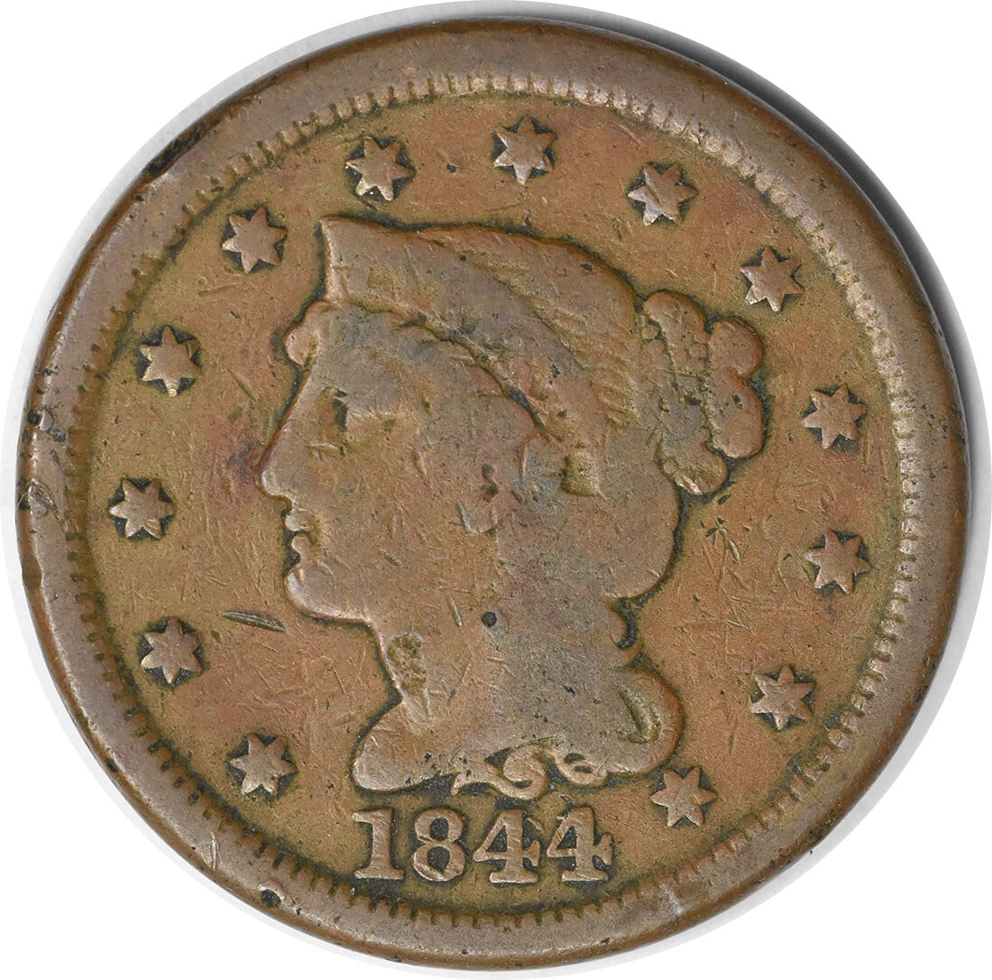 1844 Large Cent Braided Hair Copper Coin Christian Gobrecht: 1844 Large Cent Braided Hair Copper Coin Christian Gobrecht This 1844 Large Cent features a captivating Braided Hair design, created by the renowned designer Christian Gobrecht. The coin is in Very Go