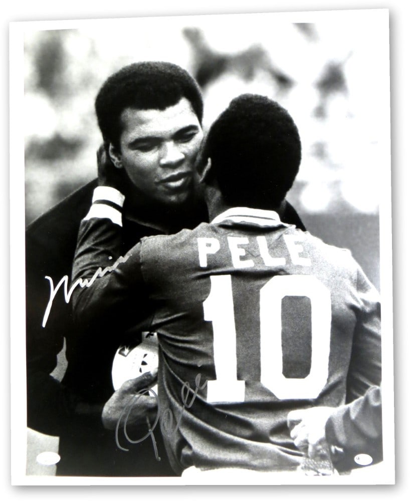 Muhammad Ali Pele Dual Signed 16X20 Photo JSA Authenticated: Muhammad Ali Pele Dual Signed 16X20 Photo JSA Authenticated This striking dual-signed 16X20 black and white photo features the legendary icons Muhammad Ali and Pele. A must-have for sports enthusiasts