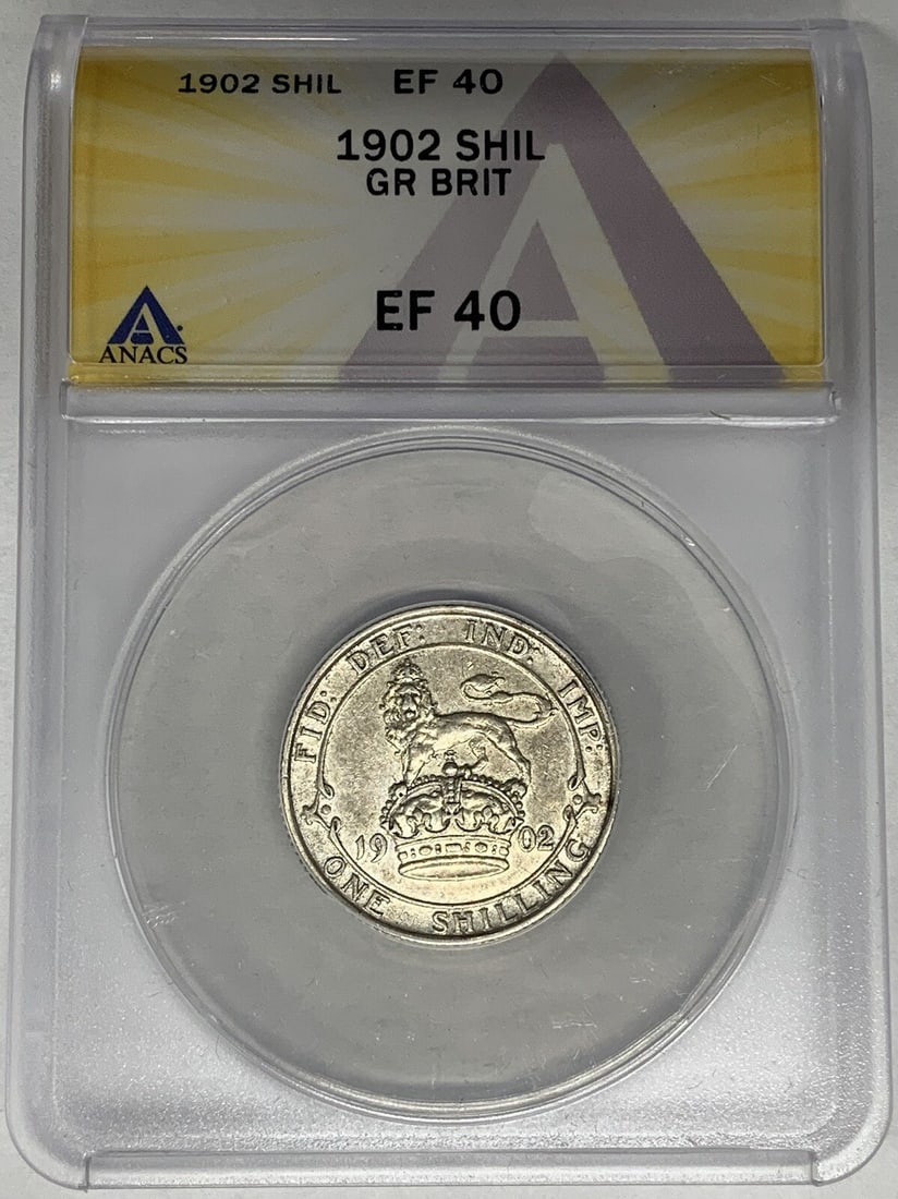 1902 United Kingdom Silver Shilling ANACS XF 40 Certified Coin: 1902 United Kingdom Silver Shilling ANACS XF 40 Certified Coin This is a 1902 Great Britain 1 Shilling coin, certified by ANACS with a grade of XF 40. The coin is composed of silver and is a pre-owned