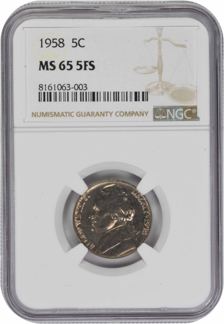 1958 United States Jefferson Nickel MS65 Five Full Steps NGC Certified: 1958 United States Jefferson Nickel MS65 Five Full Steps NGC Certified This is a 1958 Jefferson Nickel graded MS65 with Full Steps (5FS) by NGC. The coin is uncirculated and was minted in Philadelphia
