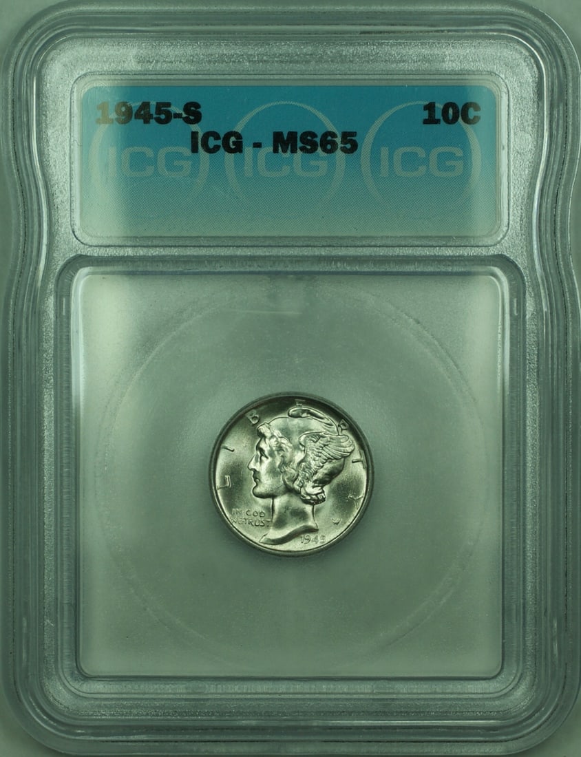 ICG MS-65 1945-S San Francisco Mercury Dime Silver 10 Cent Coin: ICG MS-65 1945-S San Francisco Mercury Dime Silver 10 Cent Coin This 1945-S Mercury Silver Dime is a 10-cent coin from the United States, minted in San Francisco. Composed of silver with a fineness of