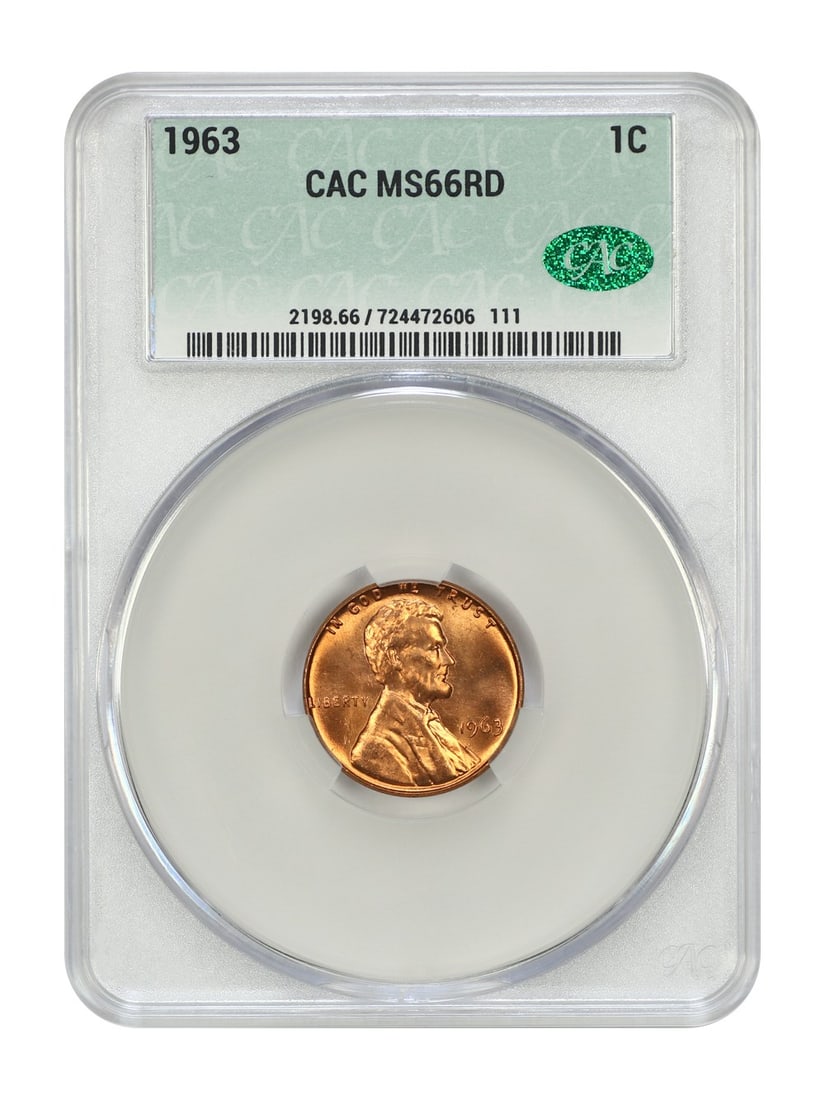1963 Lincoln Cent CACG MS66RD Uncirculated Philadelphia Mint: 1963 Lincoln Cent CACG MS66RD Uncirculated Philadelphia Mint This 1963 Lincoln Cent is certified by CACG with a certification number of 724472606. It is graded as MS66RD, indicating it is uncirculated