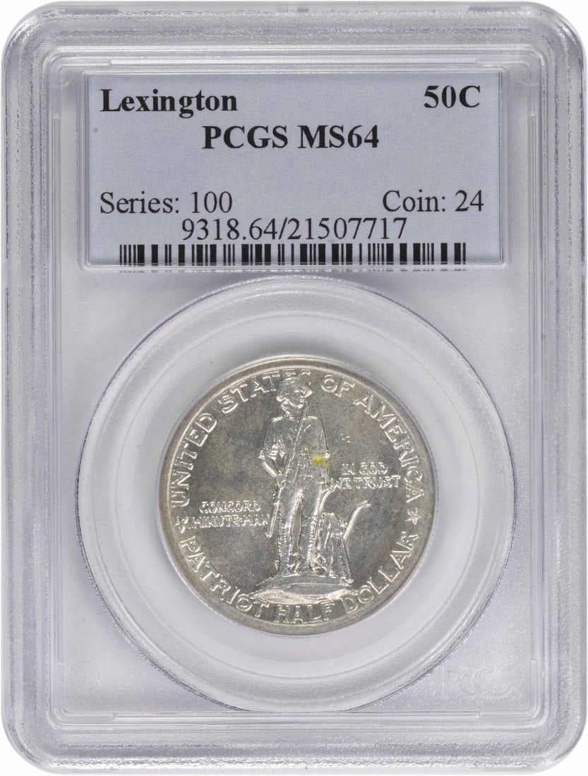 1925 Silver Half Dollar MS64 PCGS Lexington Commemorative Coin: 1925 Silver Half Dollar MS64 PCGS Lexington Commemorative Coin This is a 1925 Lexington Commemorative Silver Half Dollar graded MS64 by PCGS. The coin is uncirculated and features a commemorative desi