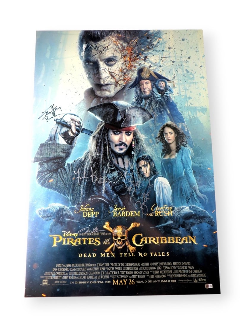 Pirates of the Caribbean Autographed 27x40 Poster Beckett Authenticated: Pirates of the Caribbean Autographed 27x40 Poster Beckett Authenticated This original Pirates of the Caribbean: Dead Men Tell No Tales autographed poster measures 27x40 inches and features the signatu