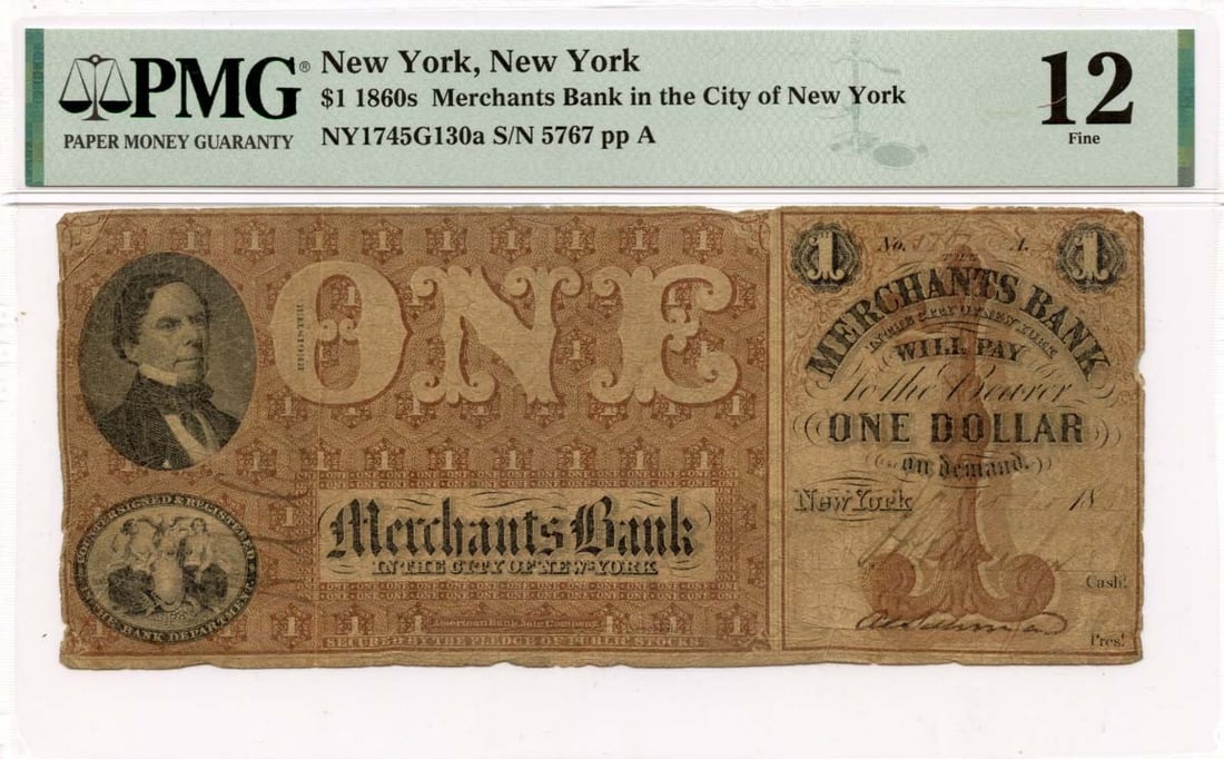1860s $1 Merchants Bank New York Obsolete Note PMG F12: 1860s $1 Merchants Bank New York Obsolete Note PMG F12 This is an 1860s $1 Merchants Bank note from New York City, graded F12 by PMG, with the certification number 2022577051. This obsolete note shows