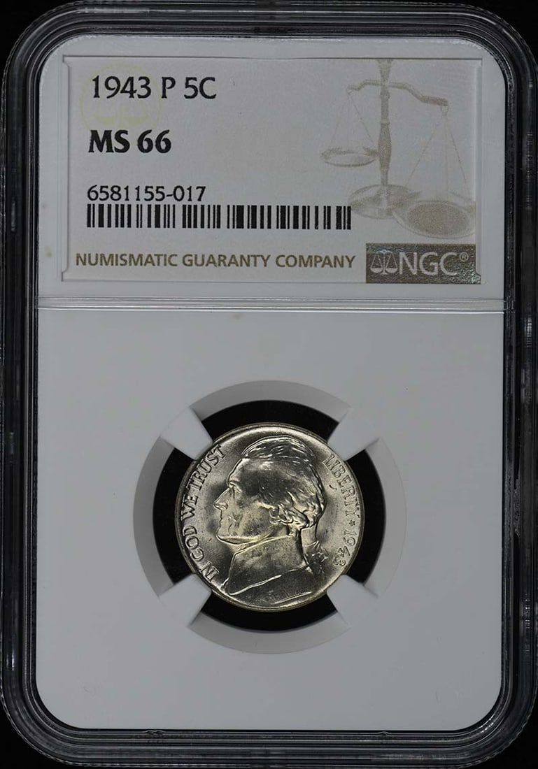 1943 NGC MS66 Jefferson Nickel Uncirculated Philadelphia Mint: 1943 NGC MS66 Jefferson Nickel Uncirculated Philadelphia Mint This 1943 Jefferson Nickel is a remarkable piece, certified by NGC with a grade of MS66, indicating it is in uncirculated condition. Minte