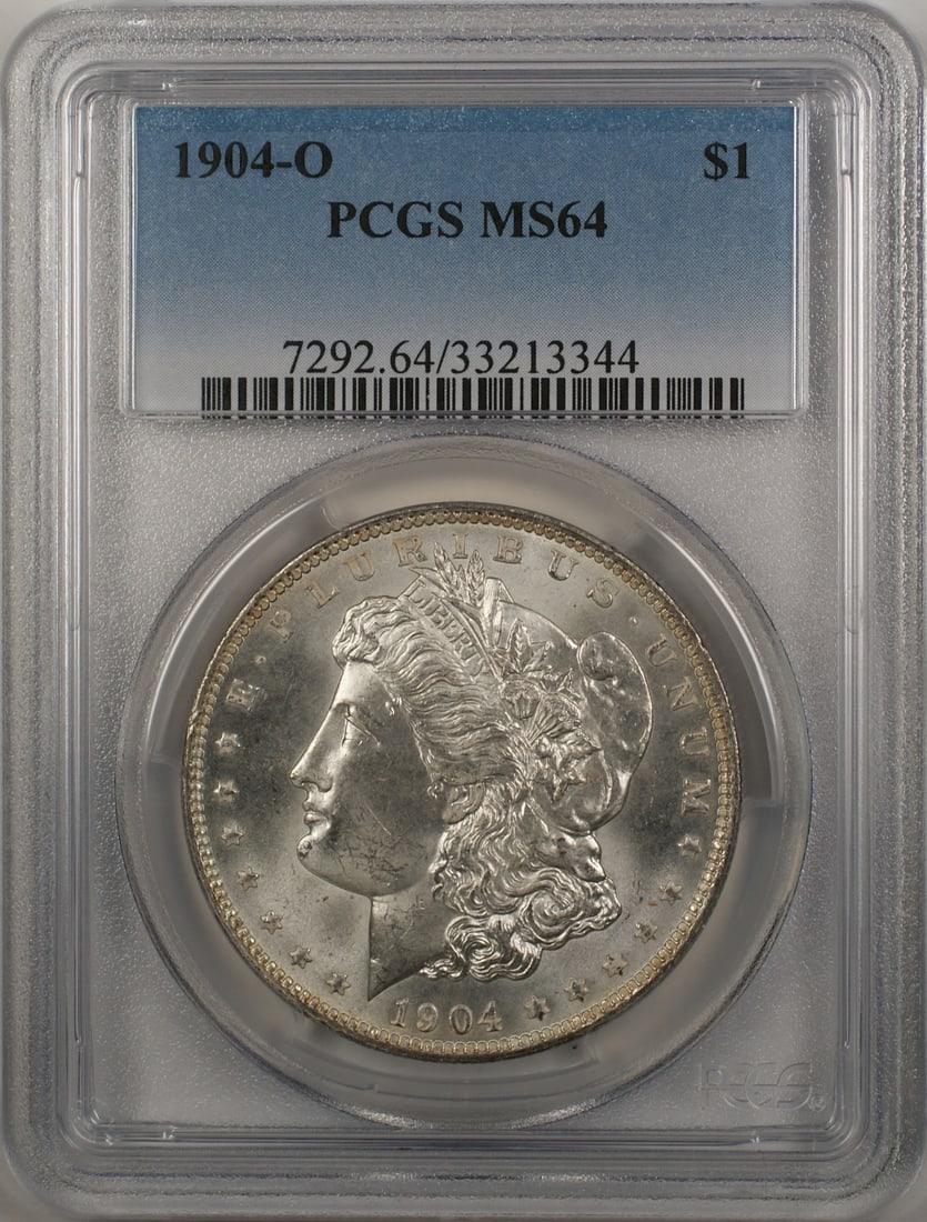 PCGS MS 64 1904-O Morgan Dollar Silver Coin from New Orleans Mint: PCGS MS 64 1904-O Morgan Dollar Silver Coin from New Orleans Mint This 1904-O Morgan Silver Dollar $1 coin is certified by PCGS with a grade of MS 64. Minted in New Orleans, it is composed of silver a