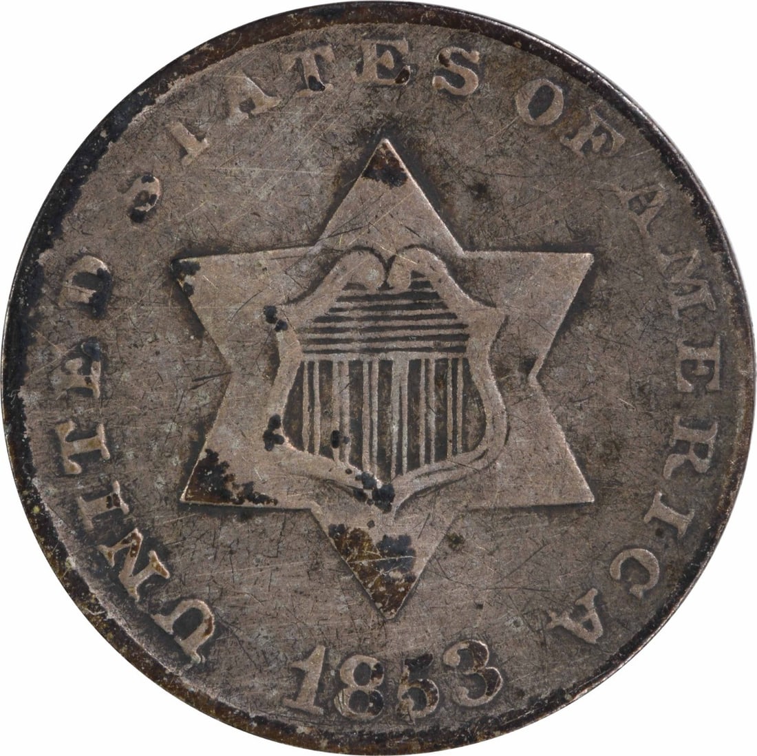 1853 Three Cent Silver Coin Uncertified Philadelphia Mint: 1853 Three Cent Silver Coin Uncertified Philadelphia Mint This 1853 Three Cent Silver coin is a remarkable piece of American history, minted in Philadelphia. It features a Fine grade and is composed o