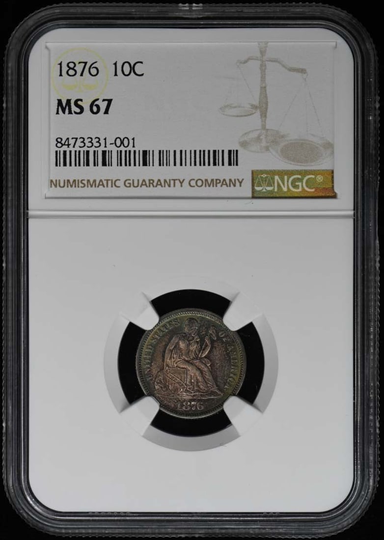 1876 NGC MS67 Liberty Seated Dime Uncirculated Philadelphia: 1876 NGC MS67 Liberty Seated Dime Uncirculated Philadelphia This 1876 Seated Liberty Dime is a stunning example of numismatic history, graded MS67 by NGC, indicating its uncirculated condition. Struck