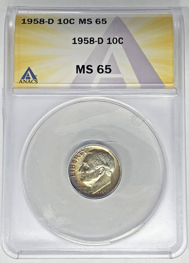 ANACS MS 65 1958-D Silver Roosevelt Dime 10 Cent Coin with Toning: ANACS MS 65 1958-D Silver Roosevelt Dime 10 Cent Coin with Toning This is a 1958-D Roosevelt Dime with a denomination of 10 cents, certified by ANACS as MS 65. The coin is composed of silver and is un