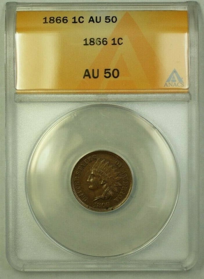 ANACS AU 50 Graded 1866 Bronze Indian Head Cent Coin: ANACS AU 50 Graded 1866 Bronze Indian Head Cent Coin This is an 1866 Indian Head Cent graded AU-50 by ANACS. The coin is composed of bronze and was minted in Philadelphia. It is a circulated, pre-owne